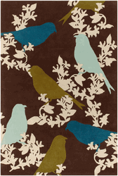 Goldfinch Rug in Chocolate, Aqua and Green - Click to enlarge